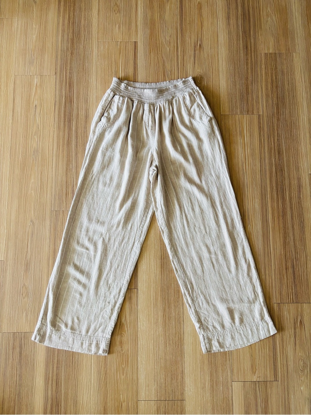 Land N Sea Pants Linen Beige Stripe Pull On Elastic Wide Leg Crop Womens L Boho